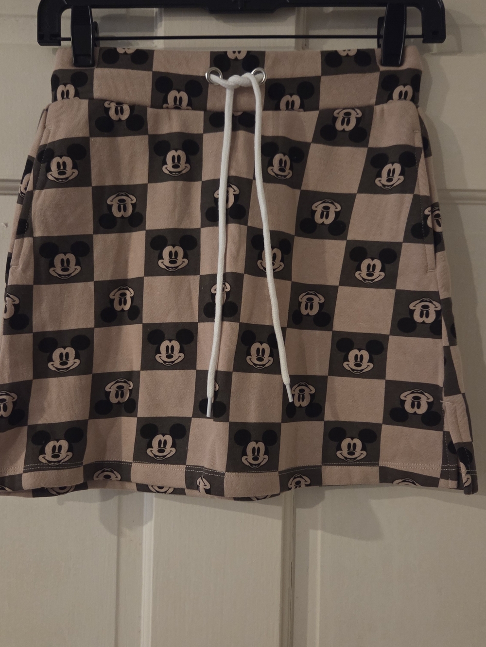 Disney Beige and Black Checkerboard Mickey Drawstring Mini Skirt
